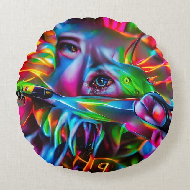 Almofada Redonda Aichmofobia: Arte Surreal Viva (Frente)