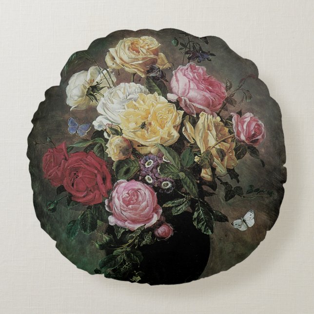 Almofada Redonda "Ainda viva com flores em Vase" por Olaf Hermansen (Frente)