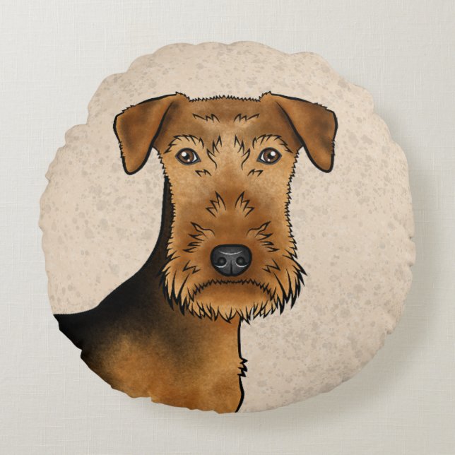 Almofada Redonda Airedale Terrier Cute Cartoon Cabeça Em Beige (Frente)
