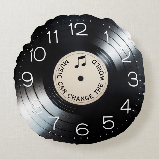 Almofada Redonda Álbum Black Vinyl Record com cotação musical (Frente)