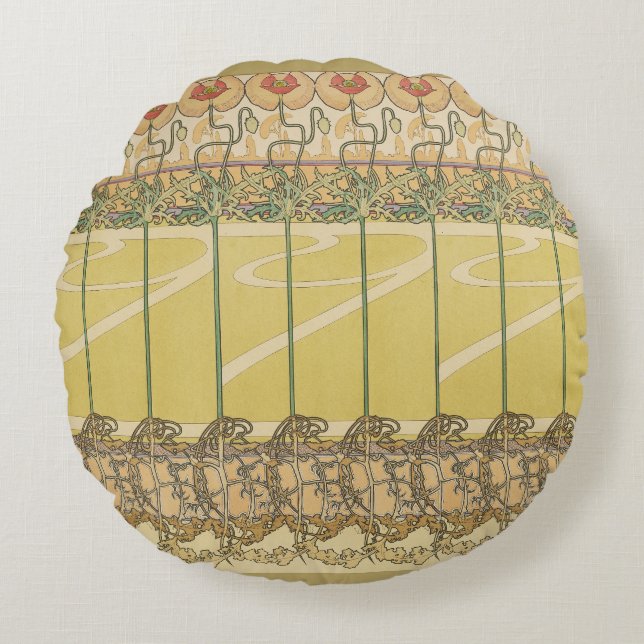 Almofada Redonda Alfonse Mucha Poppies Art Nouveau Floral Wallpaper (Frente)