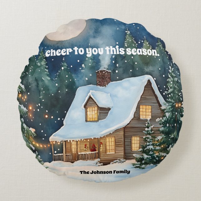 Almofada Redonda Algodão de Natal Cozy coberto com neve (Frente)