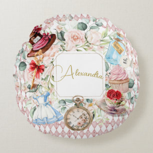Almofada Redonda Alice In Wonderland Watercolor Floral Pink