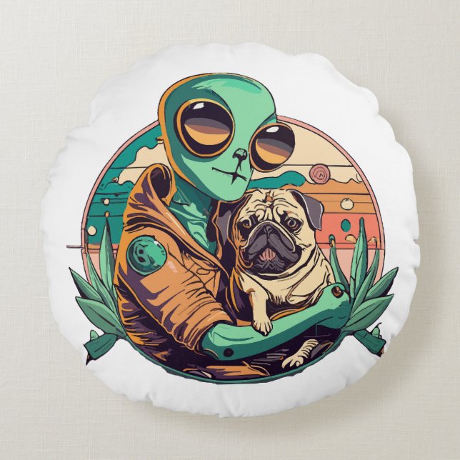 Almofada Redonda Alienígena e Pug (Frente)