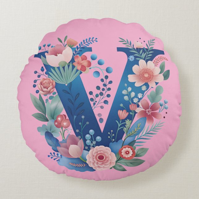 Almofada Redonda Almofada de lançamento com monograma da letra V fl (Frente)