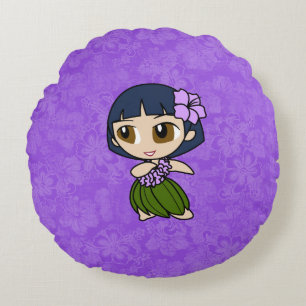 Almofada Redonda Aloha Honequis Roxo Hula Girl Hawaiian Hibiscus