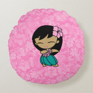 Almofada Redonda Aloha Honys Pink Hula Girl Hawaiian Hibiscus