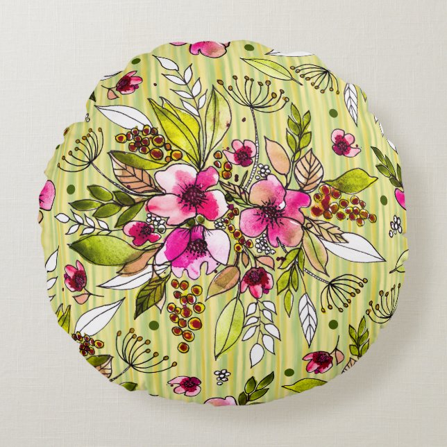 Almofada Redonda Amanda Floral&Strips/Vinho Polkadot Reversible (Frente)