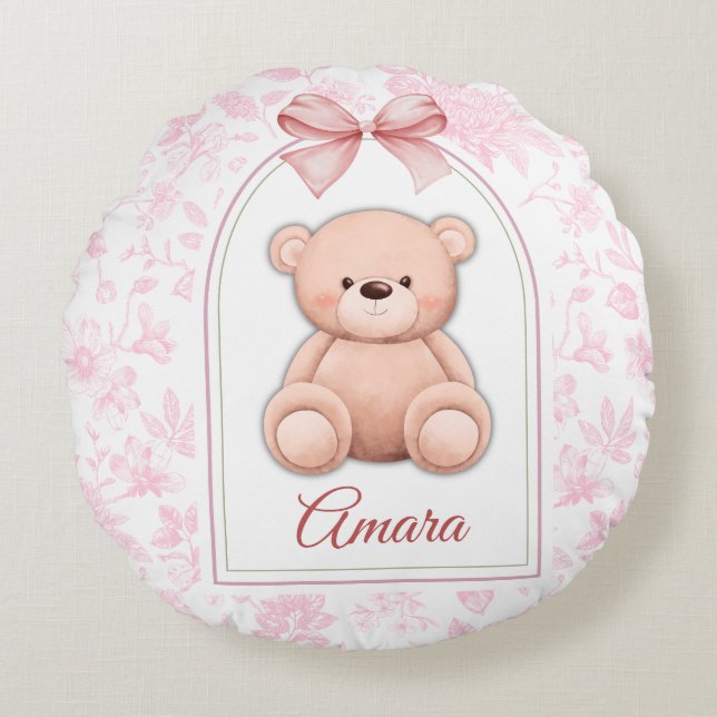 Almofada Redonda Amara | Design de Enfermeiro de Urso Rosa Personal (Frente)
