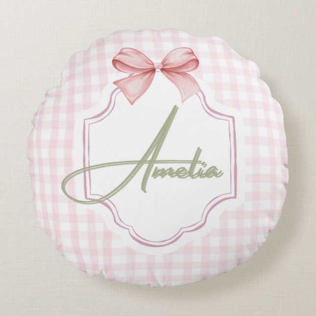 Almofada Redonda Amelia Personalizada de Arco Rosa & Gingham Impres (Frente)