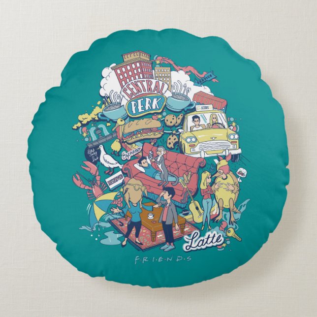 Almofada Redonda AMIGOS™ | Colagem de Cartoons (Frente)