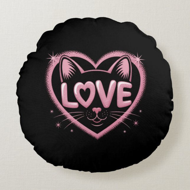 Almofada Redonda Amor de Gato Brilhante (Frente)