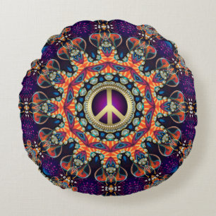 Almofada Redonda Amor & Paz Psicodélico Hippie Groovy