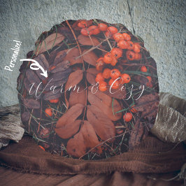 Almofada Redonda Amoras vermelhas e folhas castanhas do outono