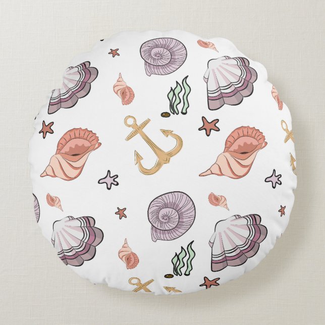 Almofada Redonda Anchor náutico Conchas e Starfish Lilac Rosa (Frente)