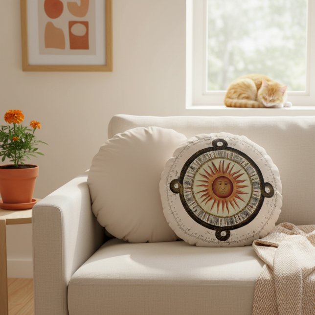 Almofada Redonda Ancient Sun Face Aztec Calendar Art Round Pillow (Aztec Calendar vintage art pillow. Decorative round pillow featuring ancient sun face art.)