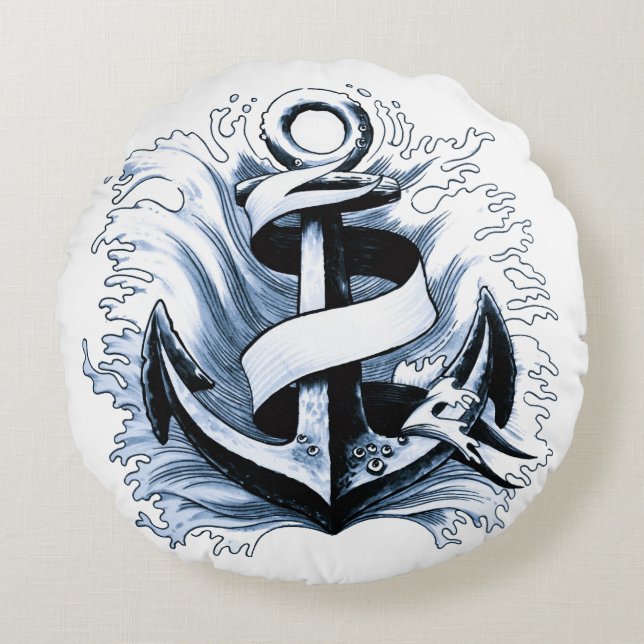 Almofada Redonda Âncora Azul do Mar Náutico (Frente)