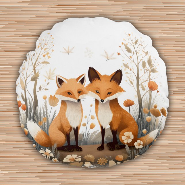 Almofada Redonda Animais Da Floresta Raposa Enfermeiro Salão De Cri (Woodland Animals Foxes Nursery Kids Room Decor Round Pillow)