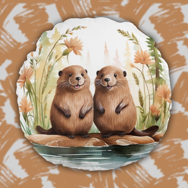 Almofada Redonda Animais da Floresta Salão de Bebês Cute Beaveres S (Woodland Animals Cute Beavers Baby Kids Room Round Pillow)