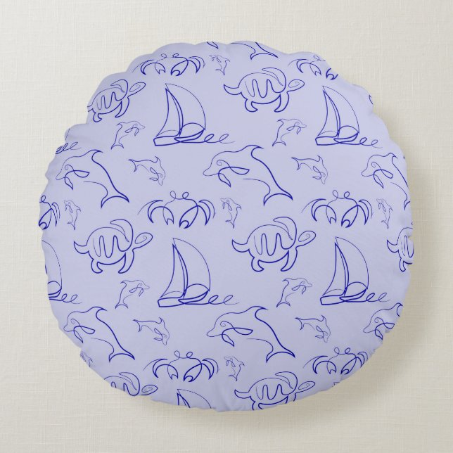 Almofada Redonda Animais marinhos e padrão de desenho de uma linha  (Frente)