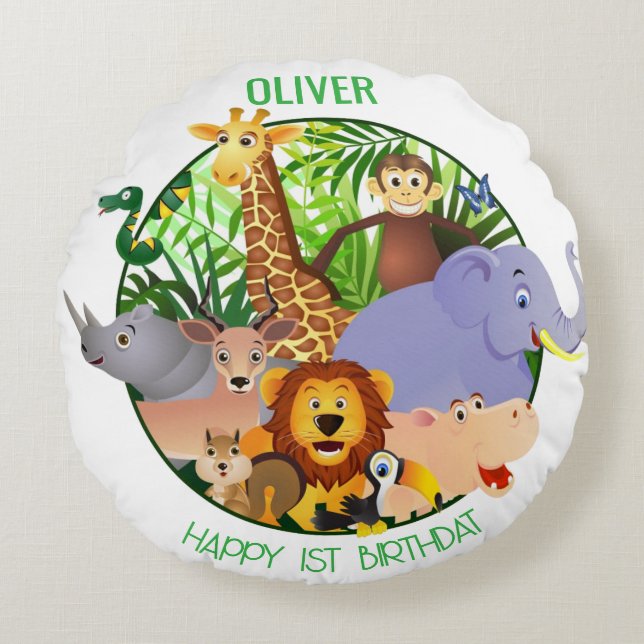 Almofada Redonda Animais Selvagens Uma Selva Selvagem - Safari Verd (Frente)