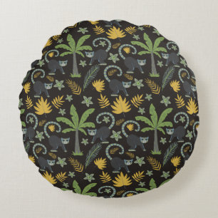 Almofada Redonda Animais tropicais, palmeira-macaco, padrão sem des