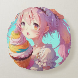 Almofada Redonda Anime Girl com Cupcake Whimsical