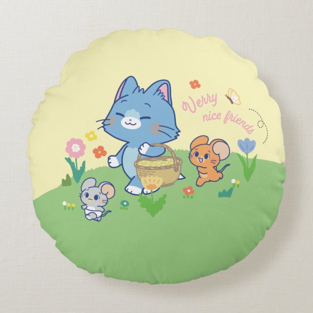 Almofada Redonda Anime Tom, Jerry e Tuffy Picnic (Frente)