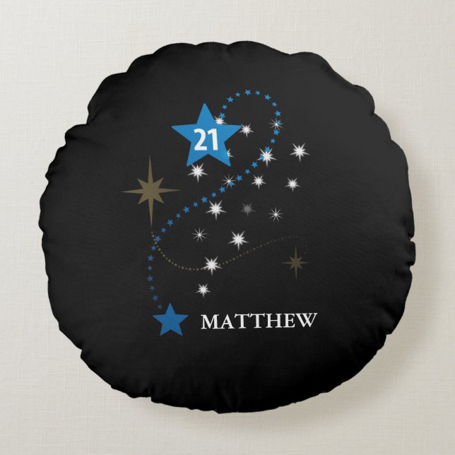 Almofada Redonda aniversário de 21 anos Azul e Preto Personalizado (Frente)