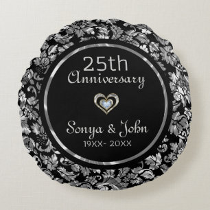 Almofada Redonda Aniversário de Casamento de 25 de Prata Negra E Me