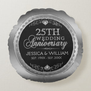 Almofada Redonda Aniversário de Casamento de 25 Negra e Prata