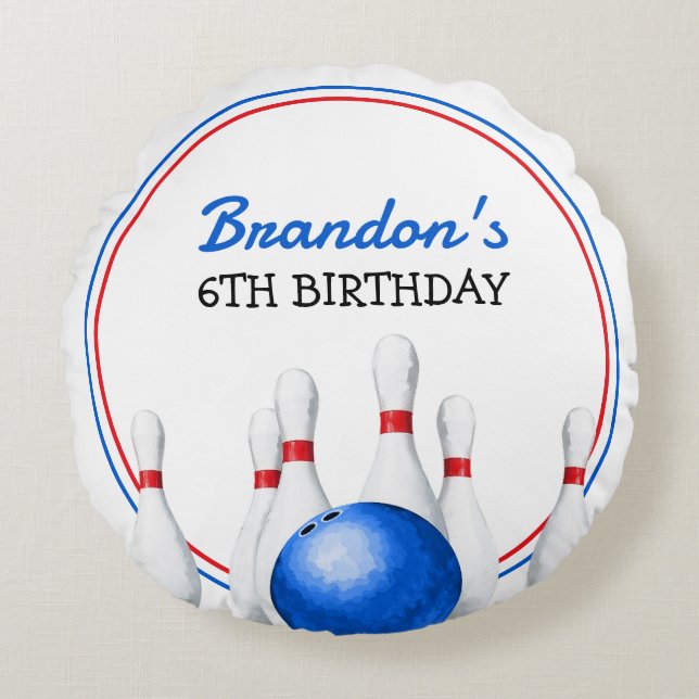 Almofada Redonda Aniversário de criança Vermelho e Boliche Azul Div (Frente)