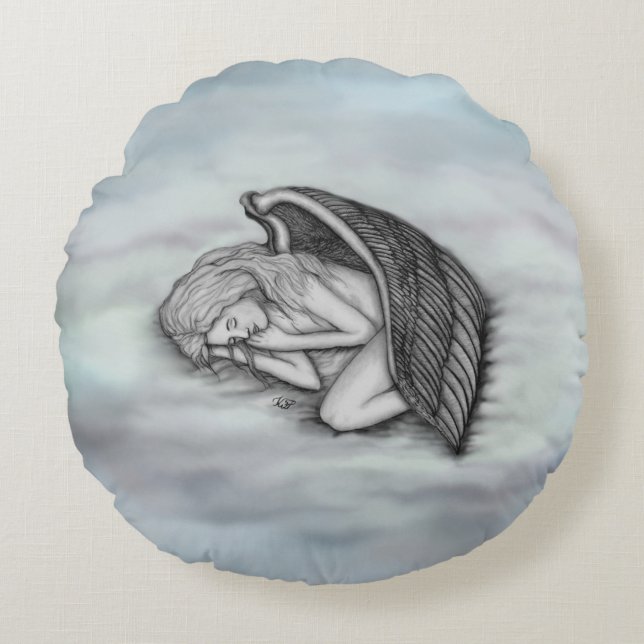 Almofada Redonda Anjo dormindo nas nuvens do céu (Frente)