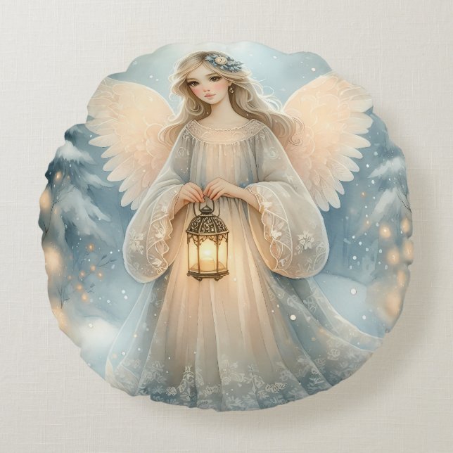 Almofada Redonda Anjo Lanterna Celestial de Inverno da Graça (Frente)