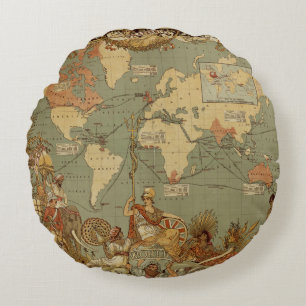 Almofada Redonda Antecipação do Mapa Mundial 1886 Ilustrada