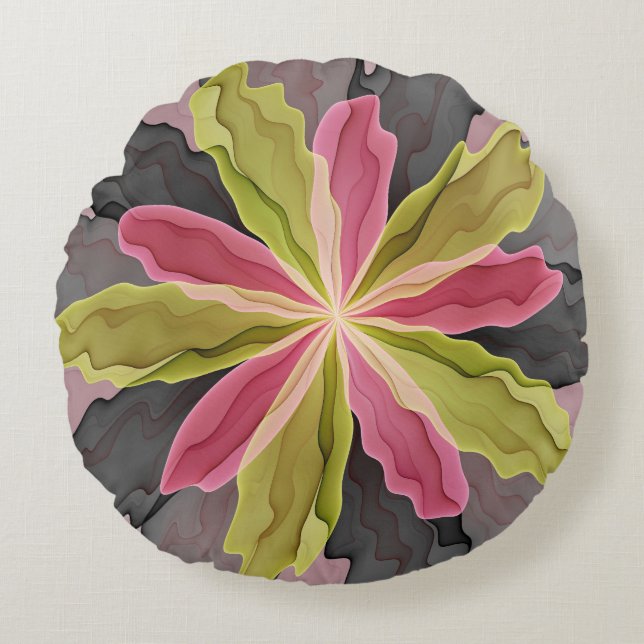 Almofada Redonda Antracite verde rosa Fantasia Flor Arte Fractal (Frente)