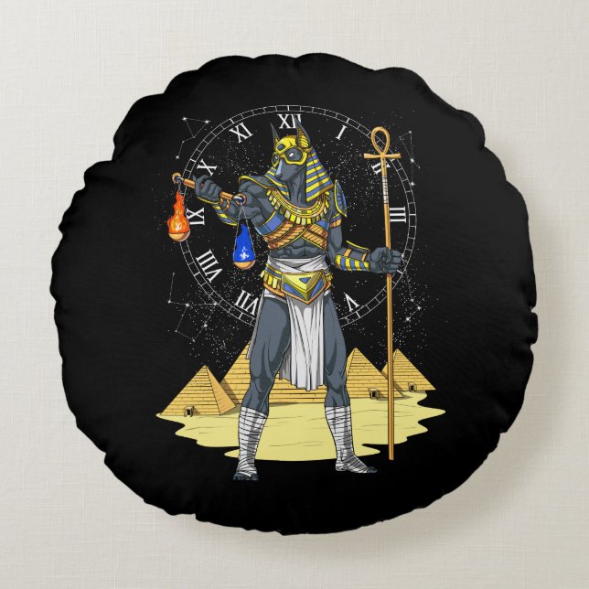 Almofada Redonda Anubis Egípcio Deus Antiguamente Ankh Mitologia (Frente)