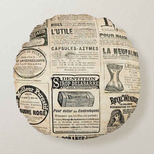 Almofada Redonda Anúncio de jornal francês em 1897 (Frente)
