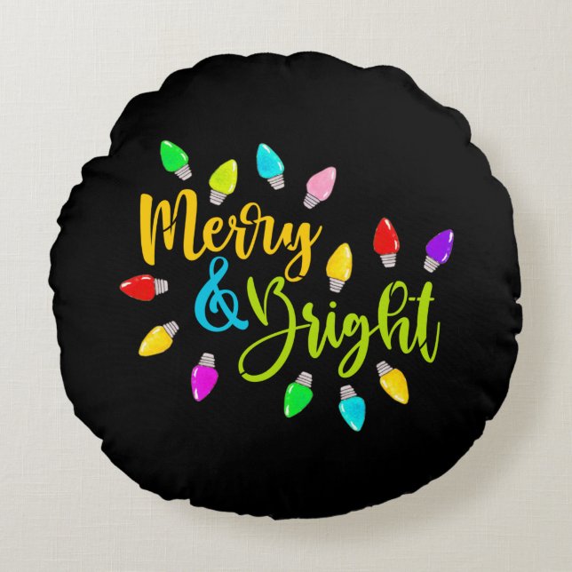 Almofada Redonda *~* AP44 Feliz Brilhante Luzes de Natal coloridas (Frente)