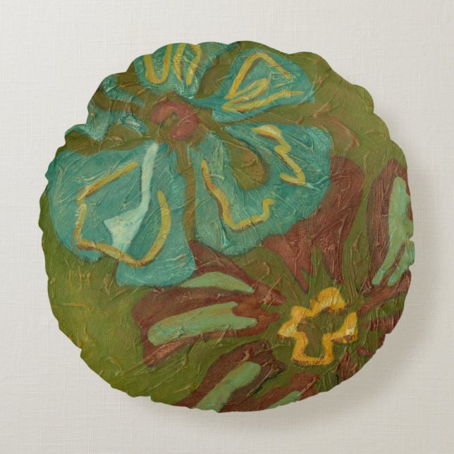 Almofada Redonda Aqua e Flores Laranja Queimadas em Fundo Verde (Frente)