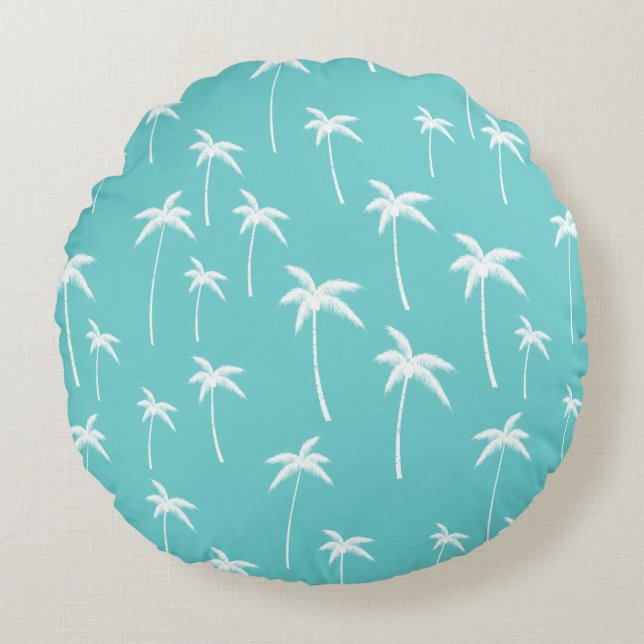 Almofada Redonda Aqua Mint White Palm Trees (Frente)