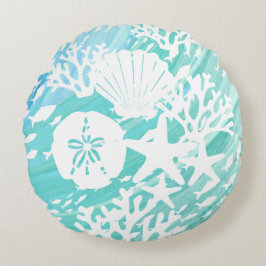 Almofada Redonda Aqua Ocean Seashell Fish Coral