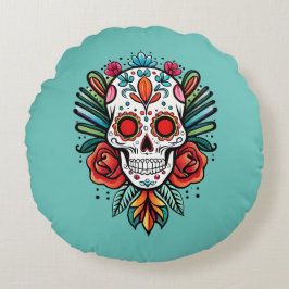 Almofada Redonda Aquarela Cinco De Mayo - Crânio Colorido De Açúcar