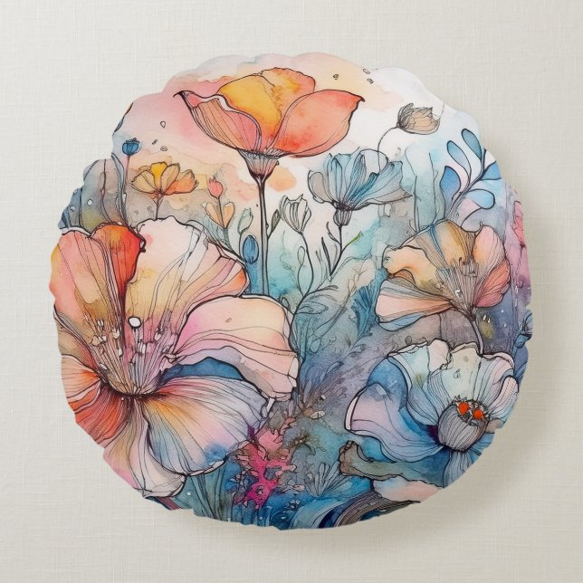 Almofada Redonda Aquarela de Padrão de Flor (Frente)