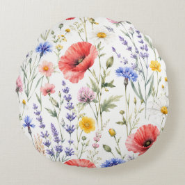 Almofada Redonda Aquarela Floral de Prado de Flores Silvestres