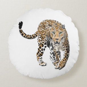 Almofada Redonda aquarela leopardo gato da selva animal pintado ver