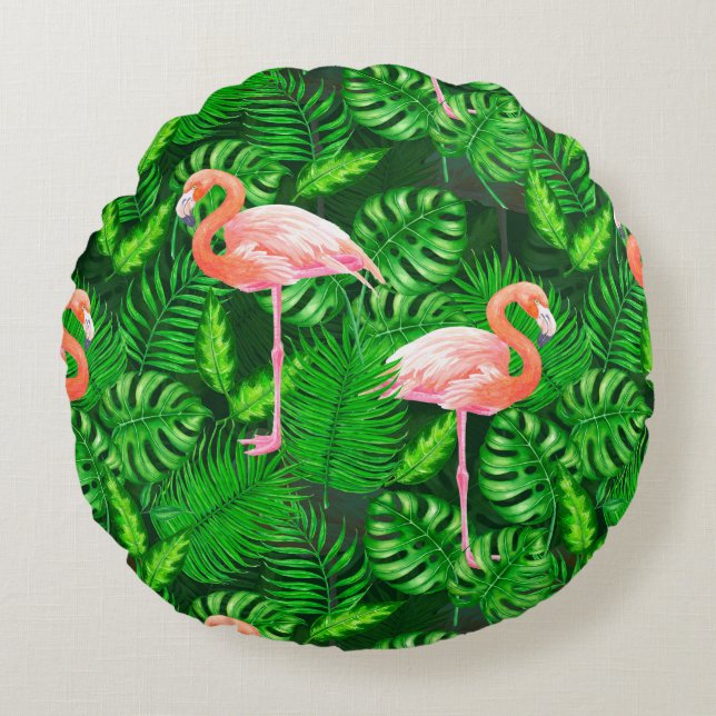 Almofada Redonda Aquarela tropical Flamingo (Frente)