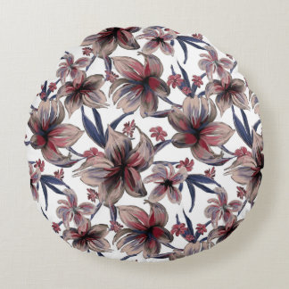 Almofada Redonda Aquarelas Crimson Floral em Branco