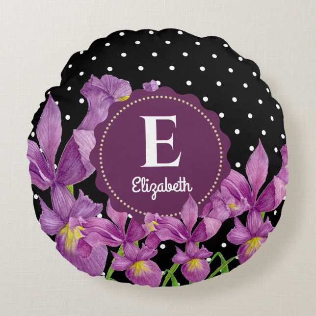 Almofada Redonda Aquarelas Purple Iris Bolinhas Pretas (Frente)