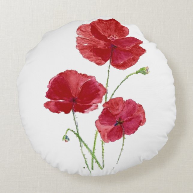 Almofada Redonda Aquarelas Red Poppy Garden Flor Arte Floral (Verso)